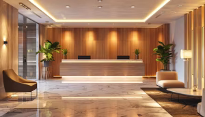 Recepção de hotel bem iluminado com luzes de tons amarelhos e aconchegantes