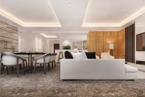 sala de estar iluminada com luminarias led embutidas e luminarias de fita dando profundidade ao teto